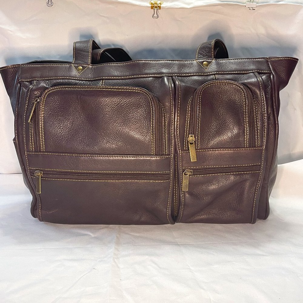 Leather Zip Pocket Front Laptop Tote